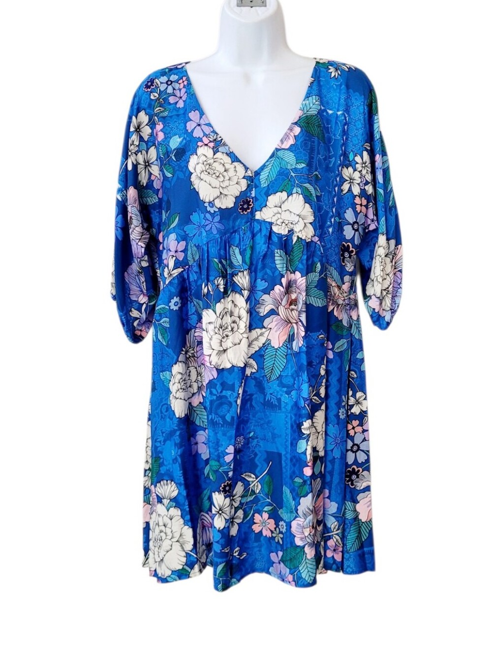 JOHNNY WAS Blue Dove Floral Rayon Silk Blend A-Line Swim Cover Up Dress Size M